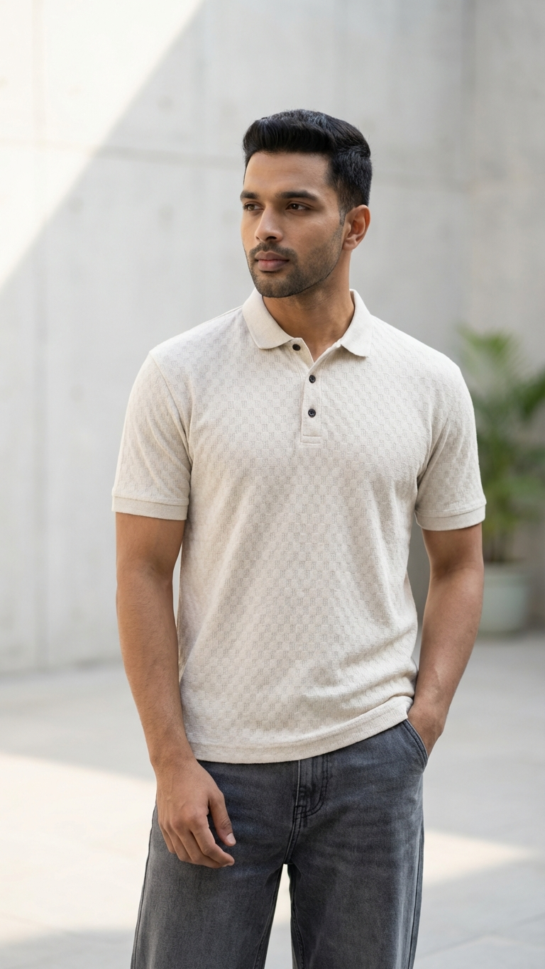 Cream  textured polo t shirt