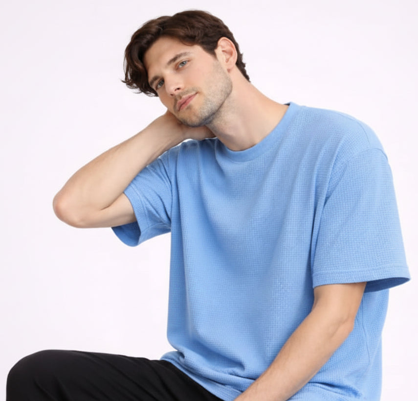 Sky blue oversized textured t shirt