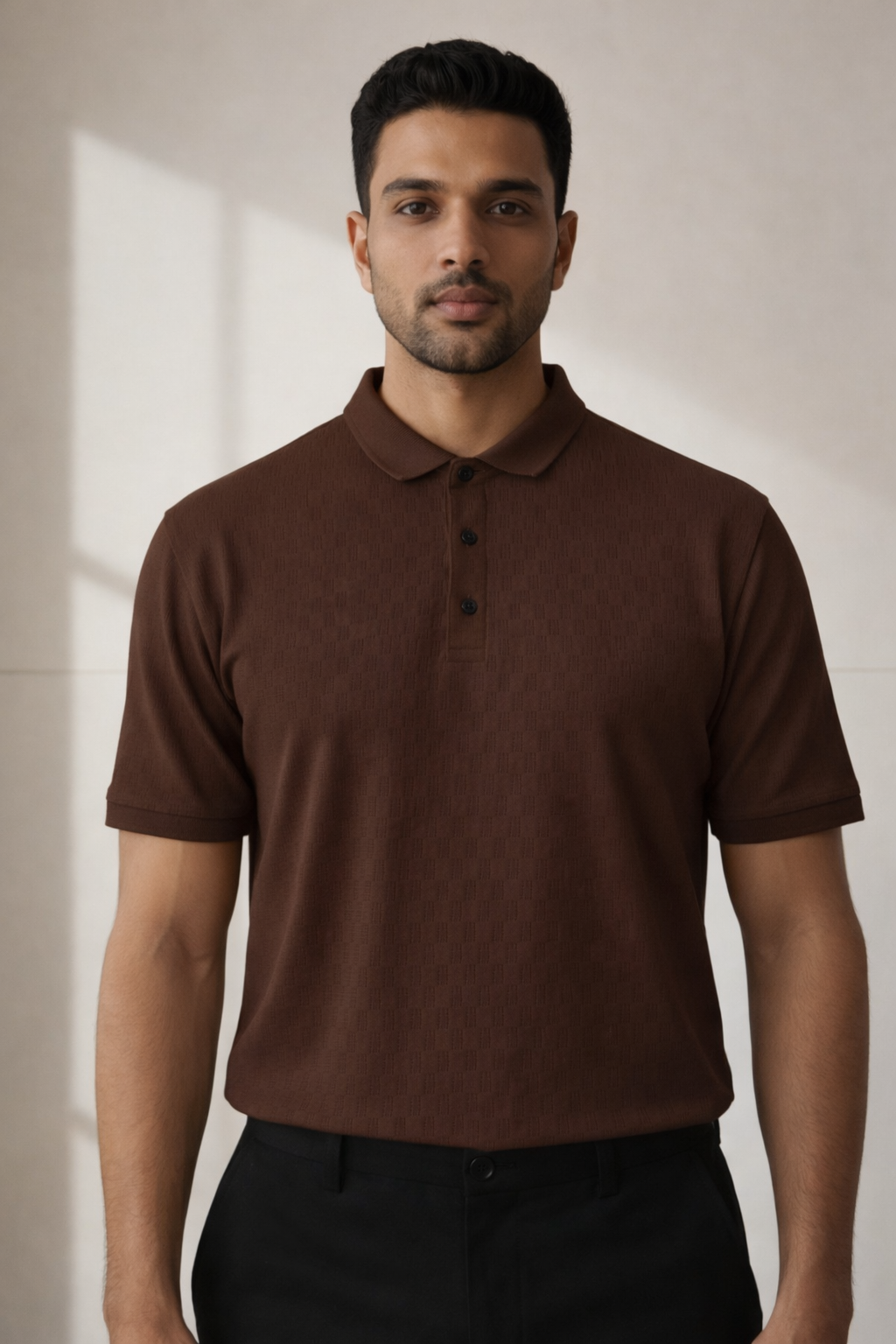 Brown textured polo t shirt
