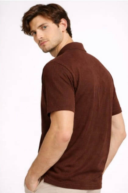 Brown textured polo t shirt