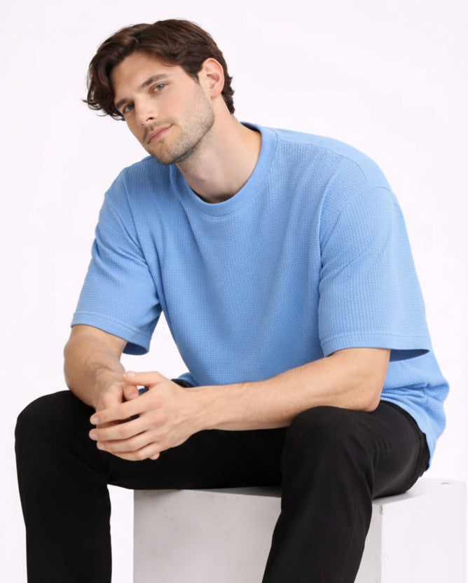 Sky blue oversized textured t shirt
