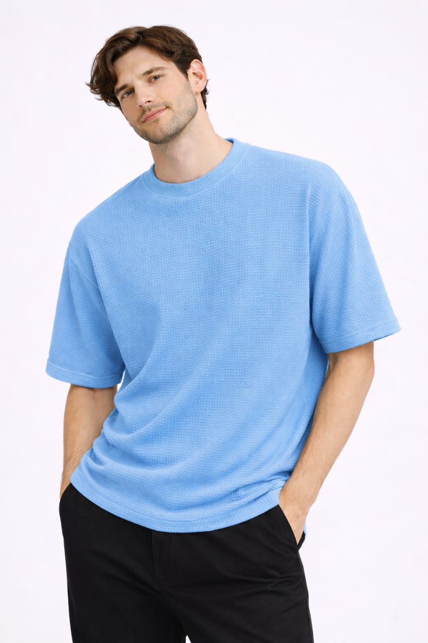 Sky blue oversized textured t shirt