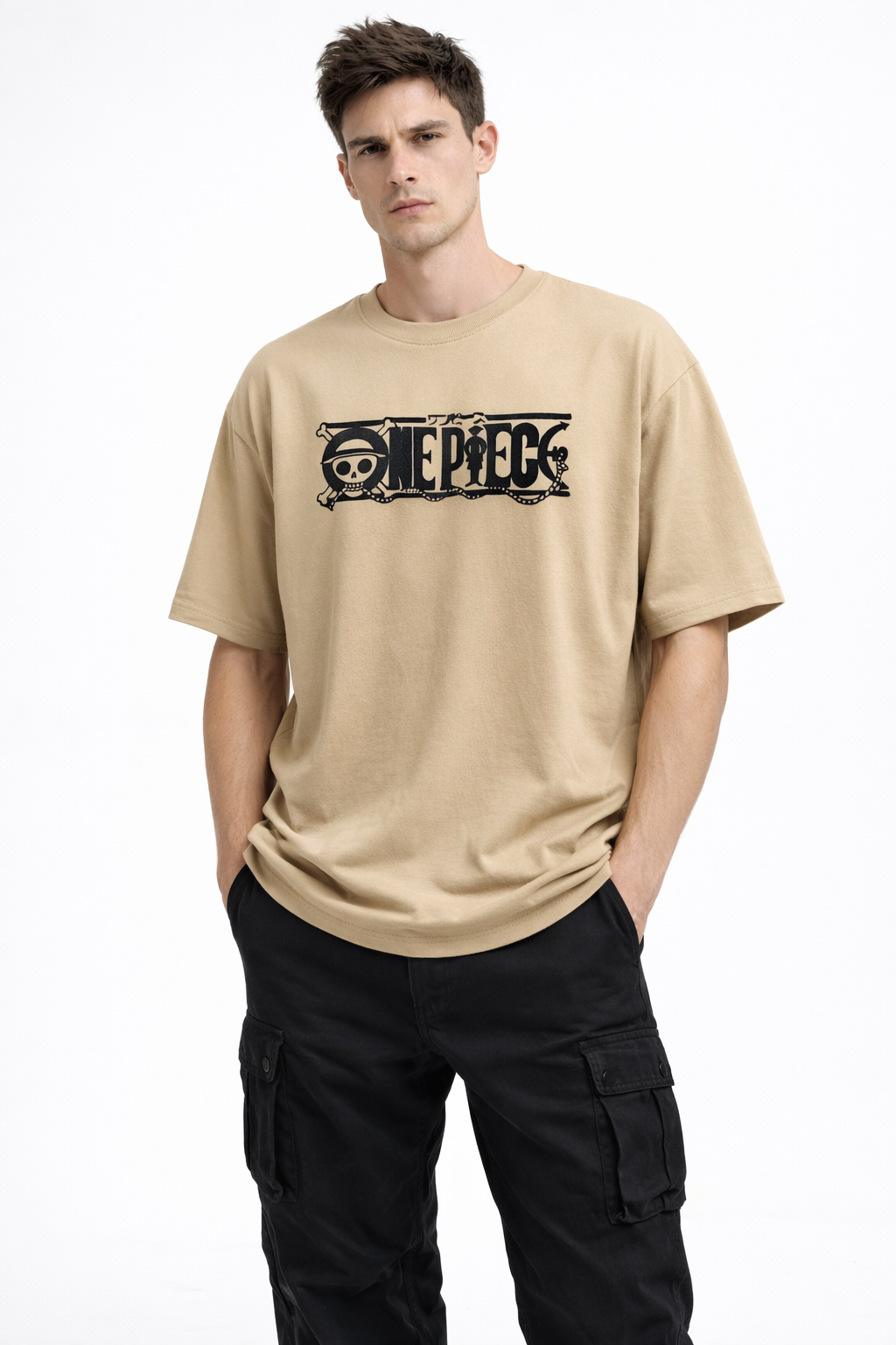 Beige One Piece Graphic oversized T-Shirt