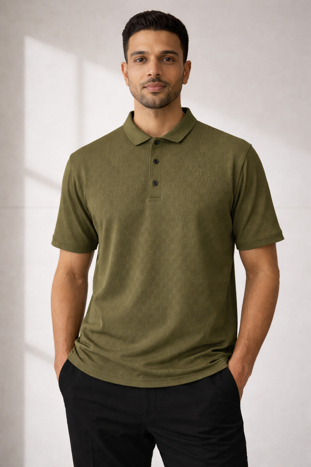 Olive green textured polo T shirt