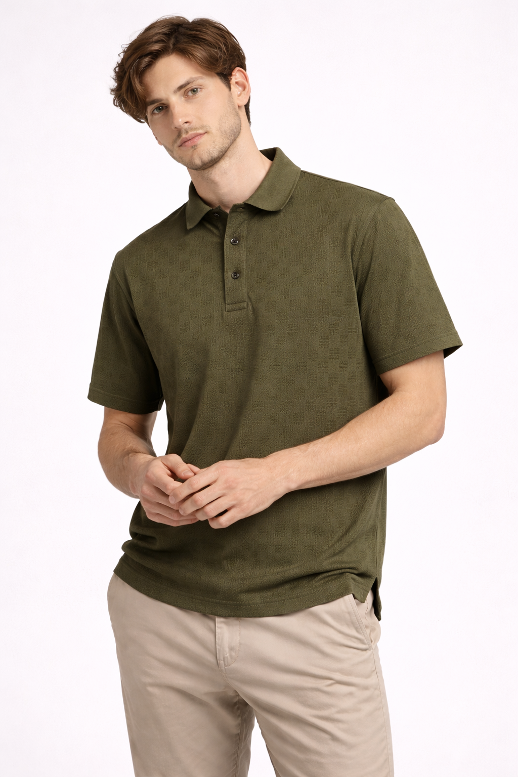 Olive green textured polo T shirt