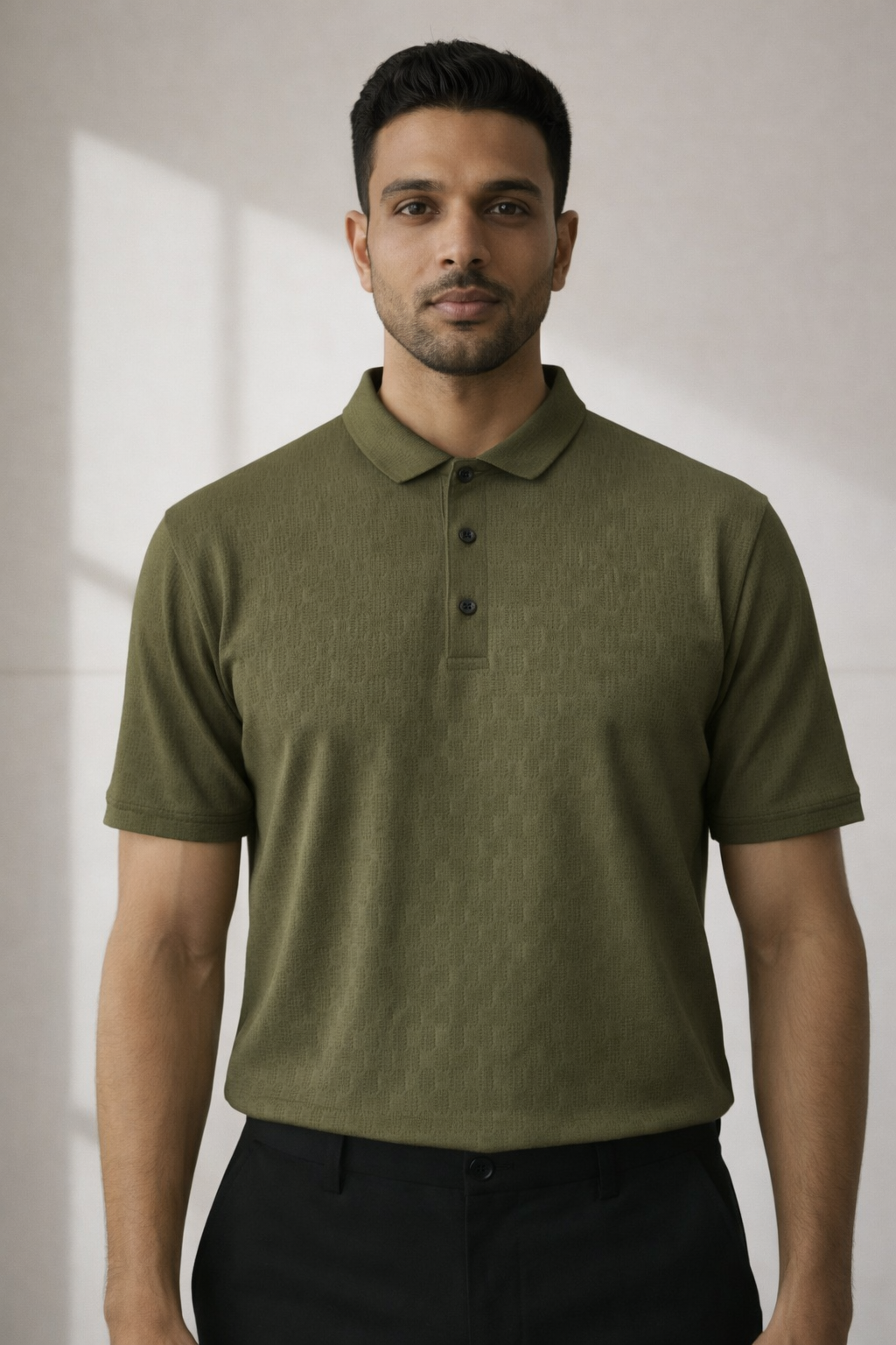 Olive green textured polo T shirt
