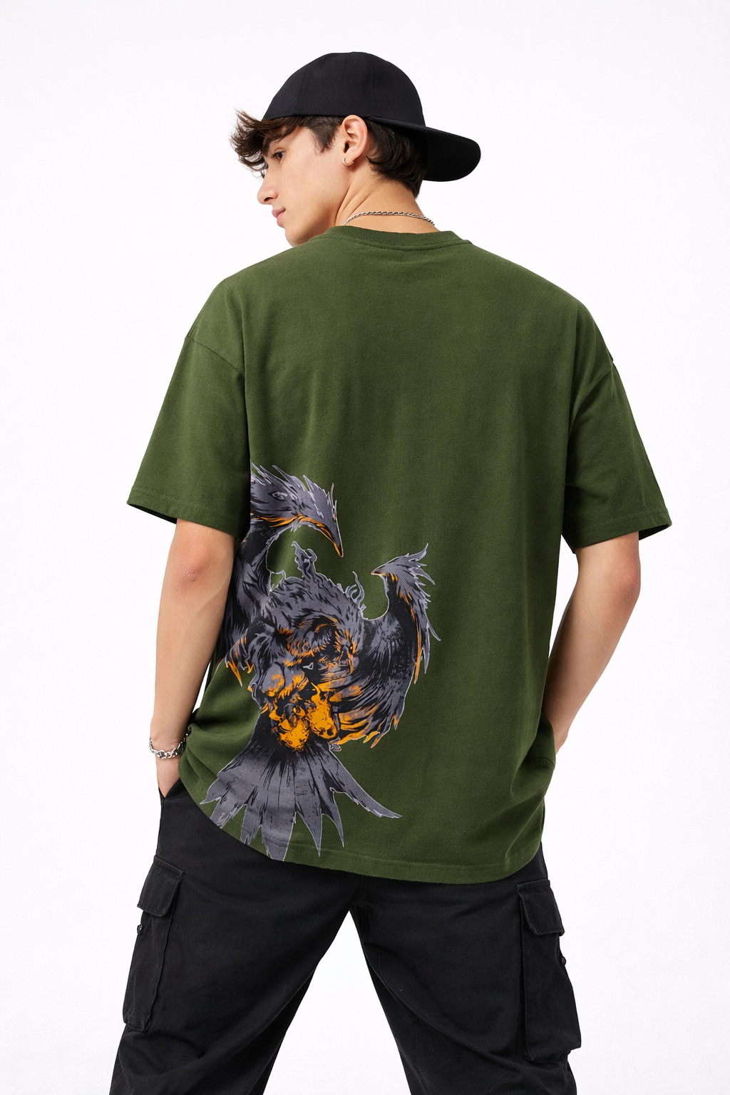 Army Green Phoenix Graphic oversized T-Shirt