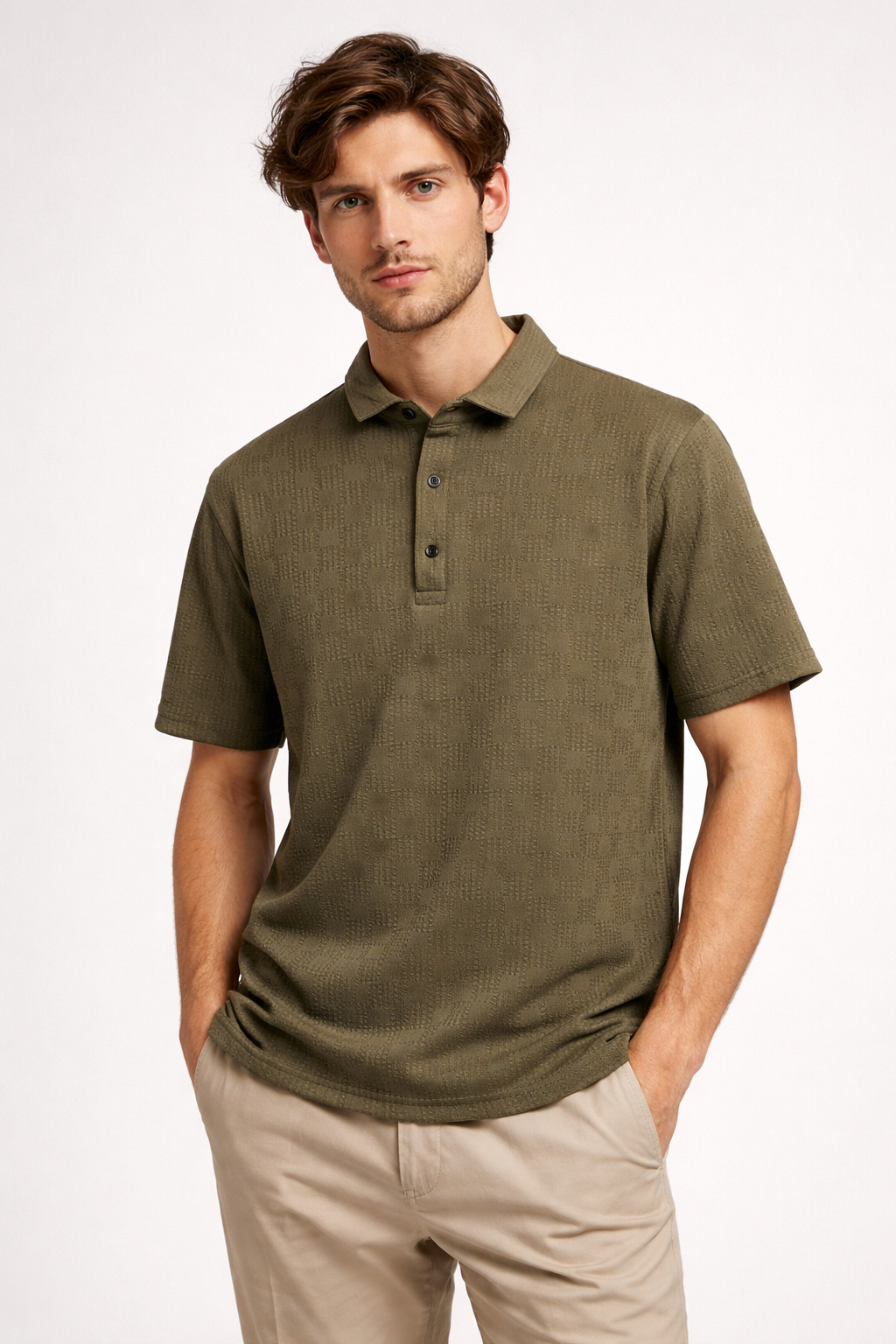 Olive green textured polo T shirt