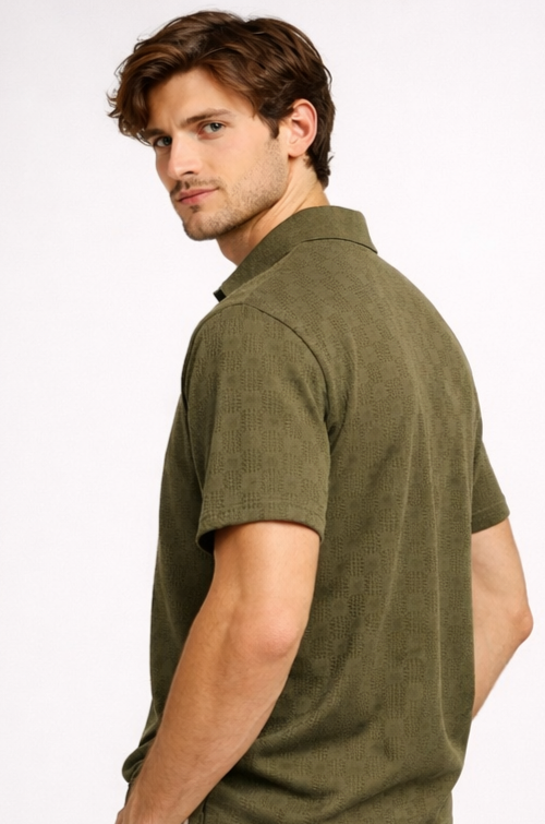 Olive green textured polo T shirt